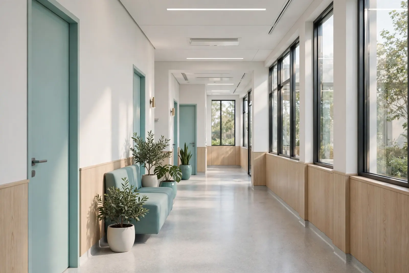 Bright, calm clinic corridor with natural light