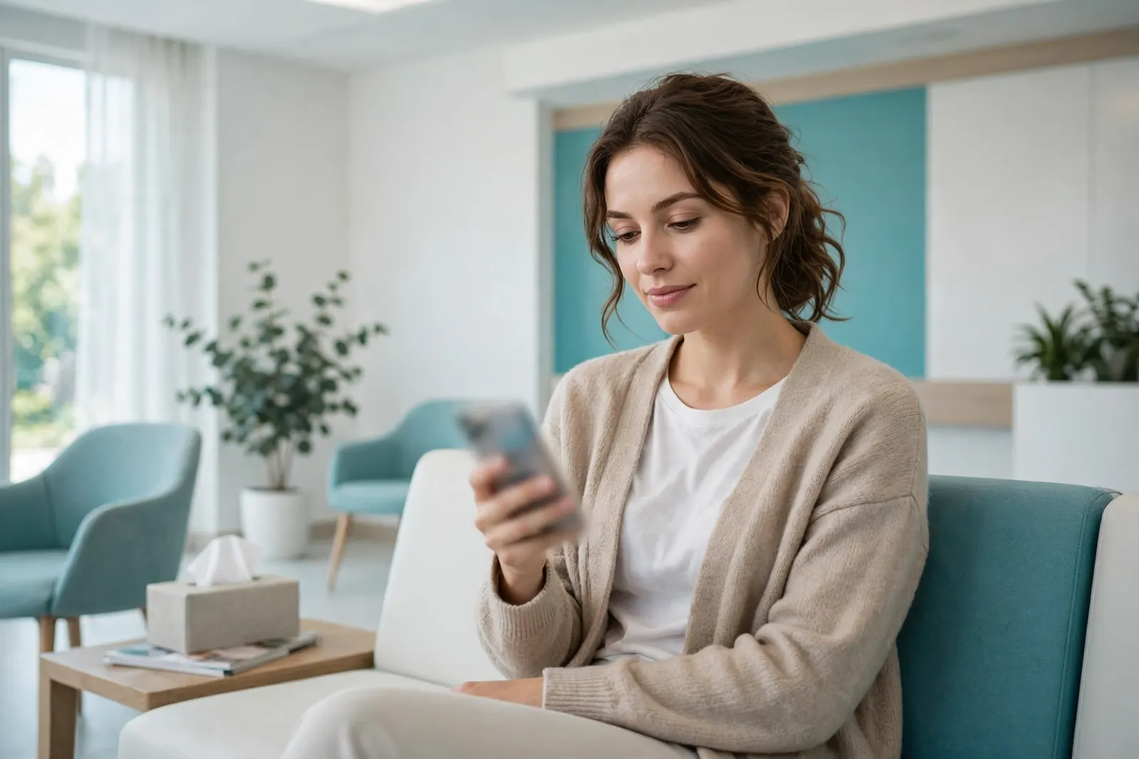 Patient checking procedure prices on a phone in a bright waiting room